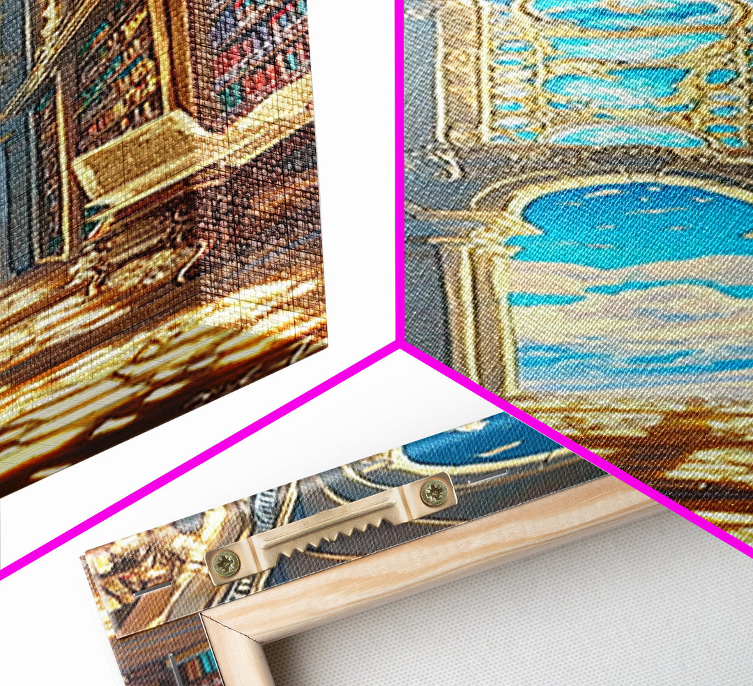 Grand Sunlit Library Hall With Celestial Blue Ceiling Framed Canvas Print, Bookish Wall Decor, Dark Academia Home Gift Decor