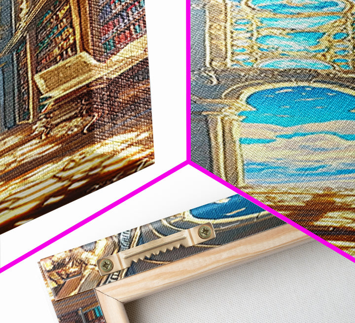 Grand Sunlit Library Hall With Celestial Blue Ceiling Framed Canvas Print, Bookish Wall Decor, Dark Academia Home Gift Decor