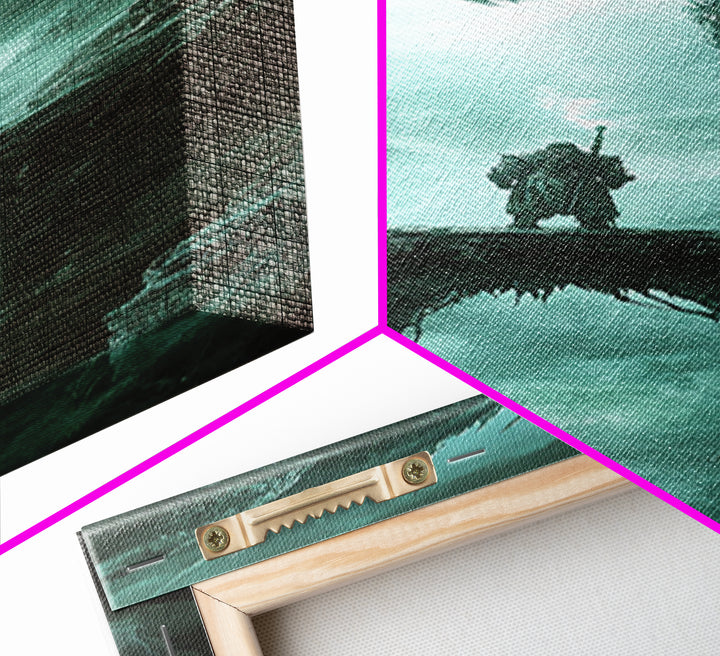 Lone Knight Facing Ancient Dragon Canvas Print, Dark Fantasy Wall Art, Teal Green Gothic Adventure Home Decor Gift For Him