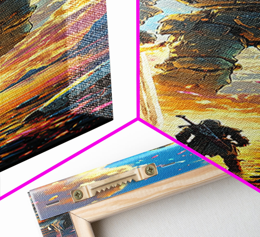 Golden Armored Colossus And Lone Warrior Framed Canvas Print, Epic Fantasy Wall Art, Vibrant Sunset Gaming Room Wall Decor