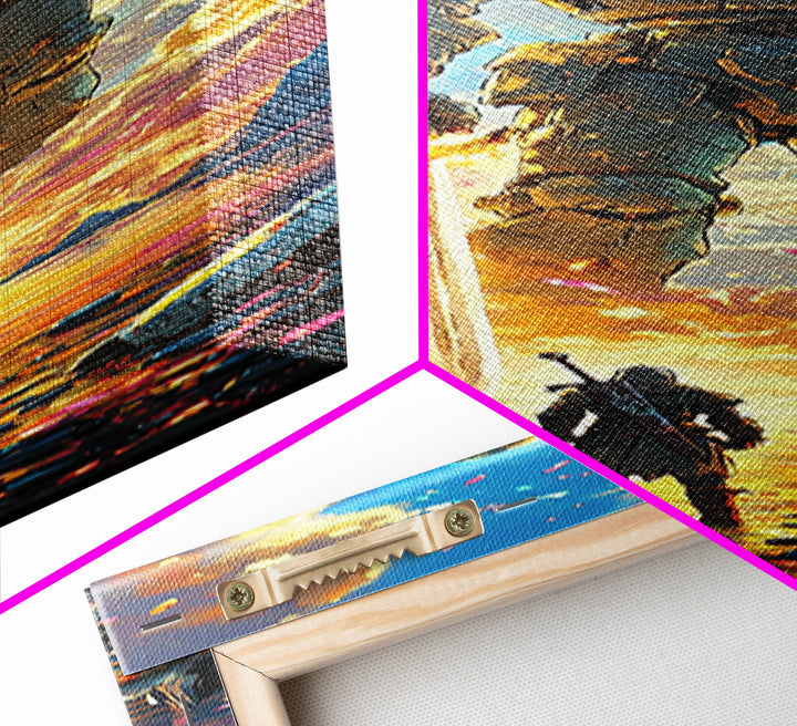 Golden Armored Colossus And Lone Warrior Framed Canvas Print, Epic Fantasy Wall Art, Vibrant Sunset Gaming Room Wall Decor