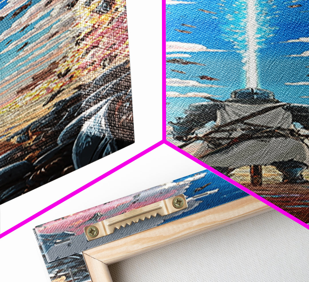 Silver Knight Beneath Celestial Blue Beam Wall Art, Epic Fantasy Print, Cherry Blossom Sky, Vibrant Gaming Room Wall Decor