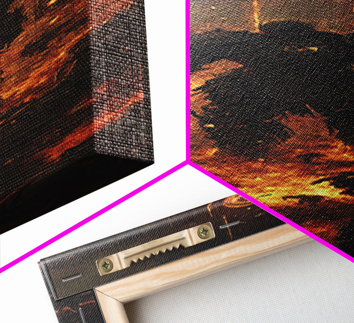 Ember Warrior In Fiery Ruins Framed Canvas Print, Dark Fantasy Wall Art, Gothic Dungeon Scene, Moody Game Room Wall Decor