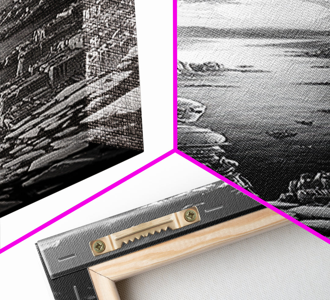 Black And White Knight Over Coastal City Wall Art, Medieval Seascape Print, Gothic Landscape, Fantasy Living Room Wall Decor