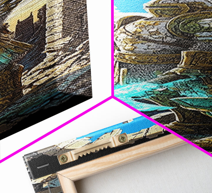 Golden Armored Knight In Ruined Arch Wall Art, Pixel Fantasy Canvas Print, Turquoise Sword Medieval Gamer Room Decor Gift