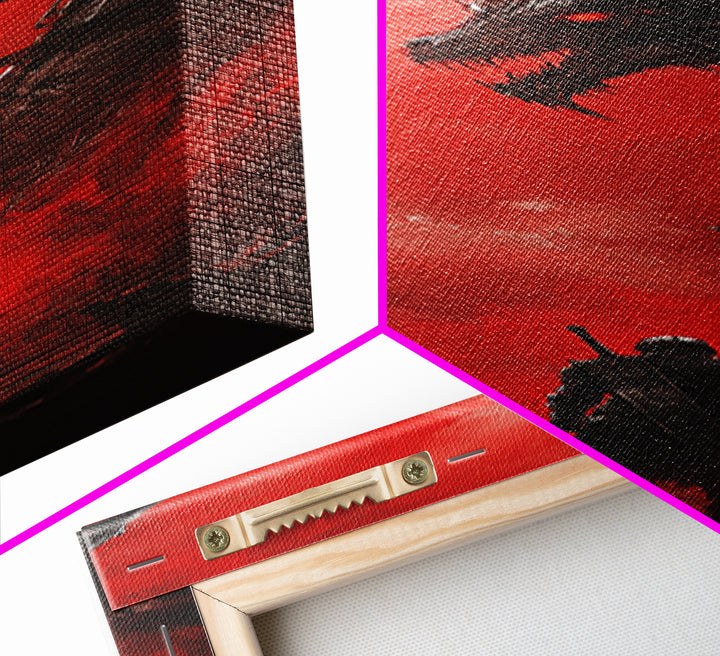 Black Dragon Red Moon Wall Art, Dark Fantasy Canvas Print, Gothic Warrior Decor, Medieval Monster Living Room Artwork Gift