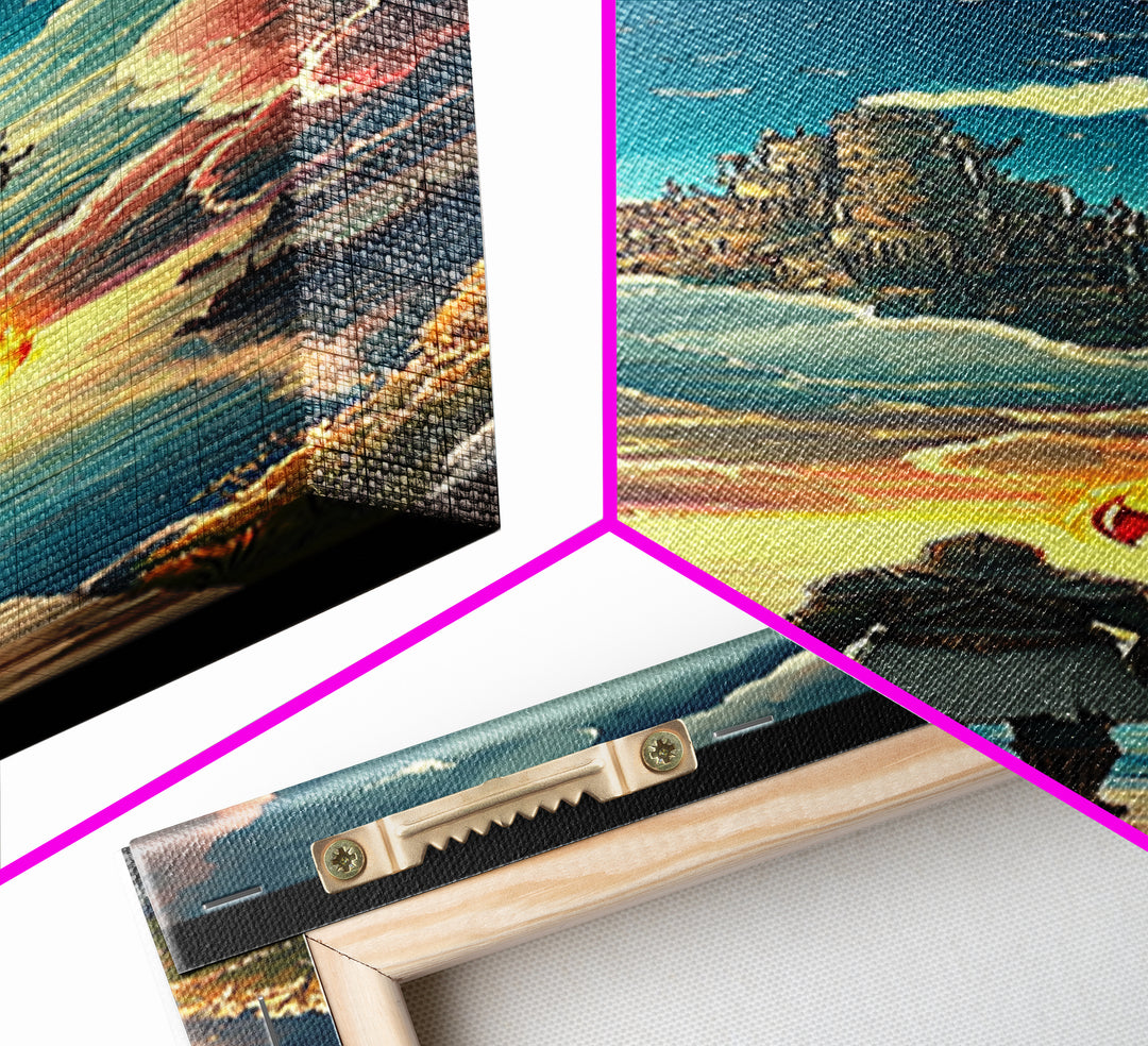 Torch Bearer Floating Castle Canvas Print, Fantasy Sky Portal Wall Art, Medieval Adventure Decor, Magical Lake Artwork Gift