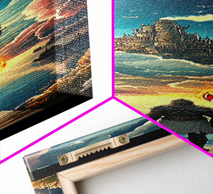 Torch Bearer Floating Castle Canvas Print, Fantasy Sky Portal Wall Art, Medieval Adventure Decor, Magical Lake Artwork Gift