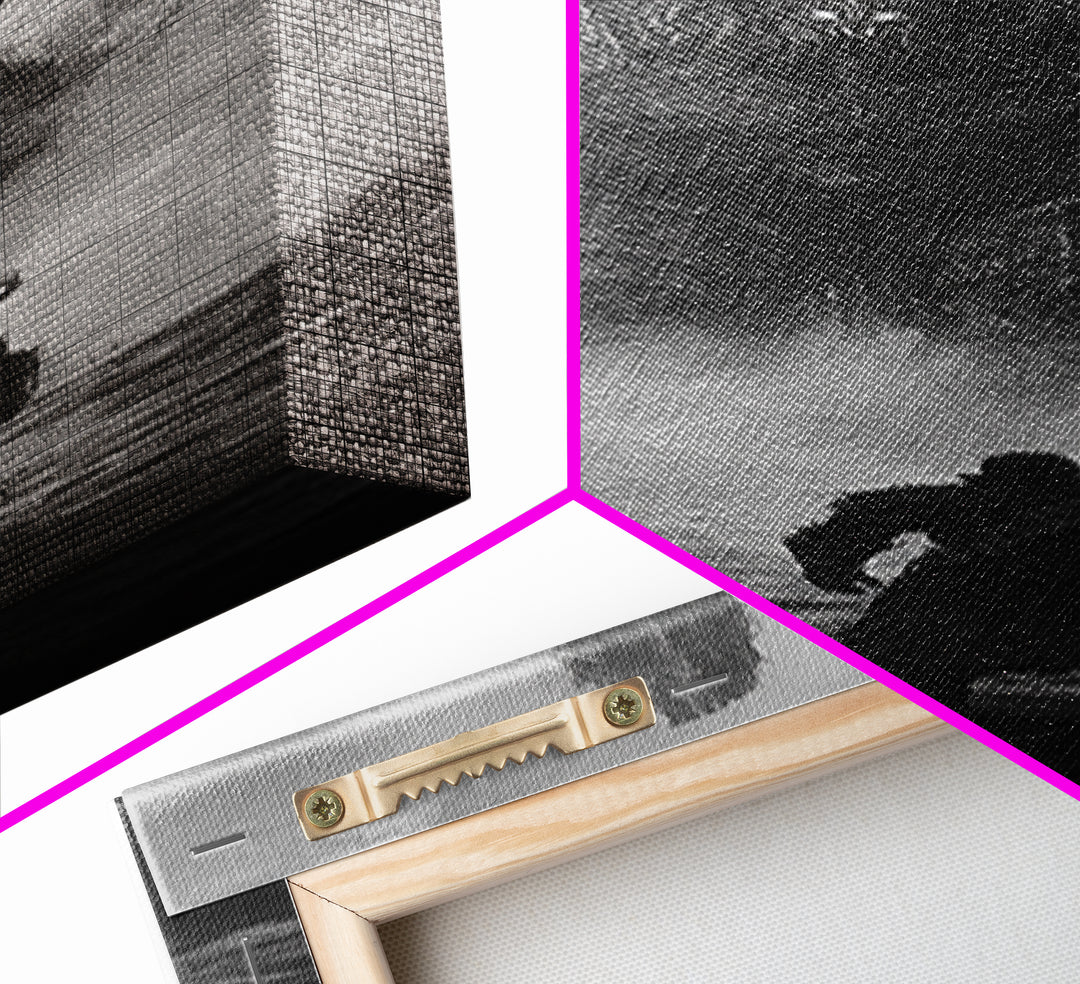 Warrior Facing Misty Armored Colossus, Dark Fantasy Wall Art, Black And White Framed Canvas Print, Epic Game Room Decor Gift