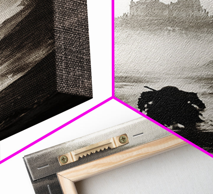 Cloaked Wanderer Approaching Misty Castle Wall Art, Dark Fantasy Print, Gothic Wall Decor, Black And White Landscape Art