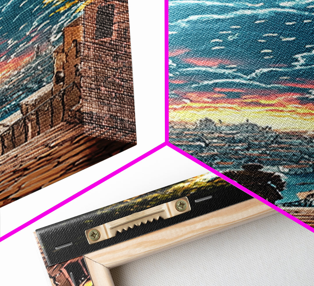 Cobblestone Stairway To Glowing Coastal City, Birds And Sunset Canvas Print, Fantasy Wall Art, Travel Inspired Home Decor