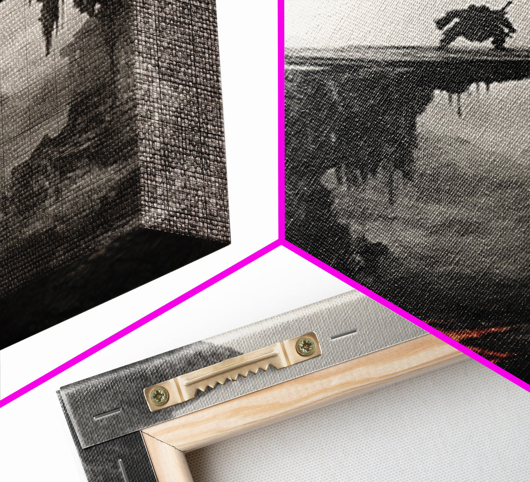 Warrior Above Lava Chasm In Dark Canyon, Black And White Wall Art, Gothic Fantasy Canvas Print, Moody Landscape Home Decor