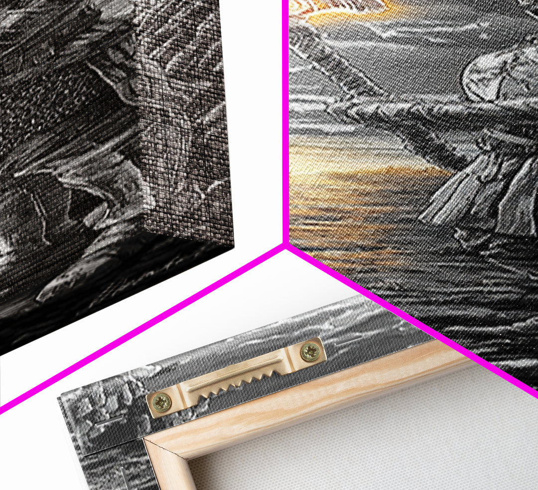 Armored Knight With Glowing Axe On Stormy Shore, Black And White Wall Art, Medieval Fantasy Canvas Print, Masculine Decor