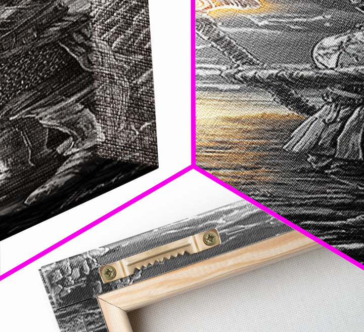 Armored Knight With Glowing Axe On Stormy Shore, Black And White Wall Art, Medieval Fantasy Canvas Print, Masculine Decor