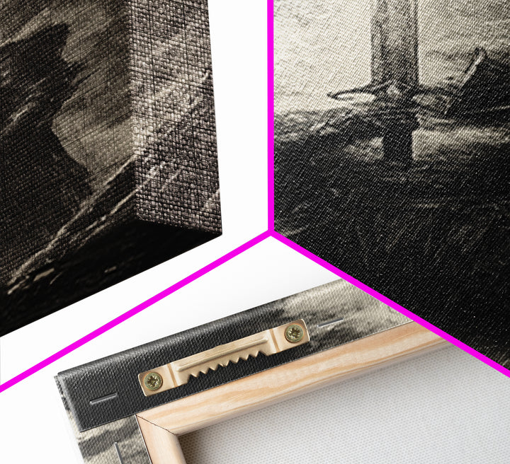 Black And White Knight With Glowing Sword, Dark Fantasy Wall Art, Gothic Canvas Print, Medieval Decor, Masculine Office Art Gift