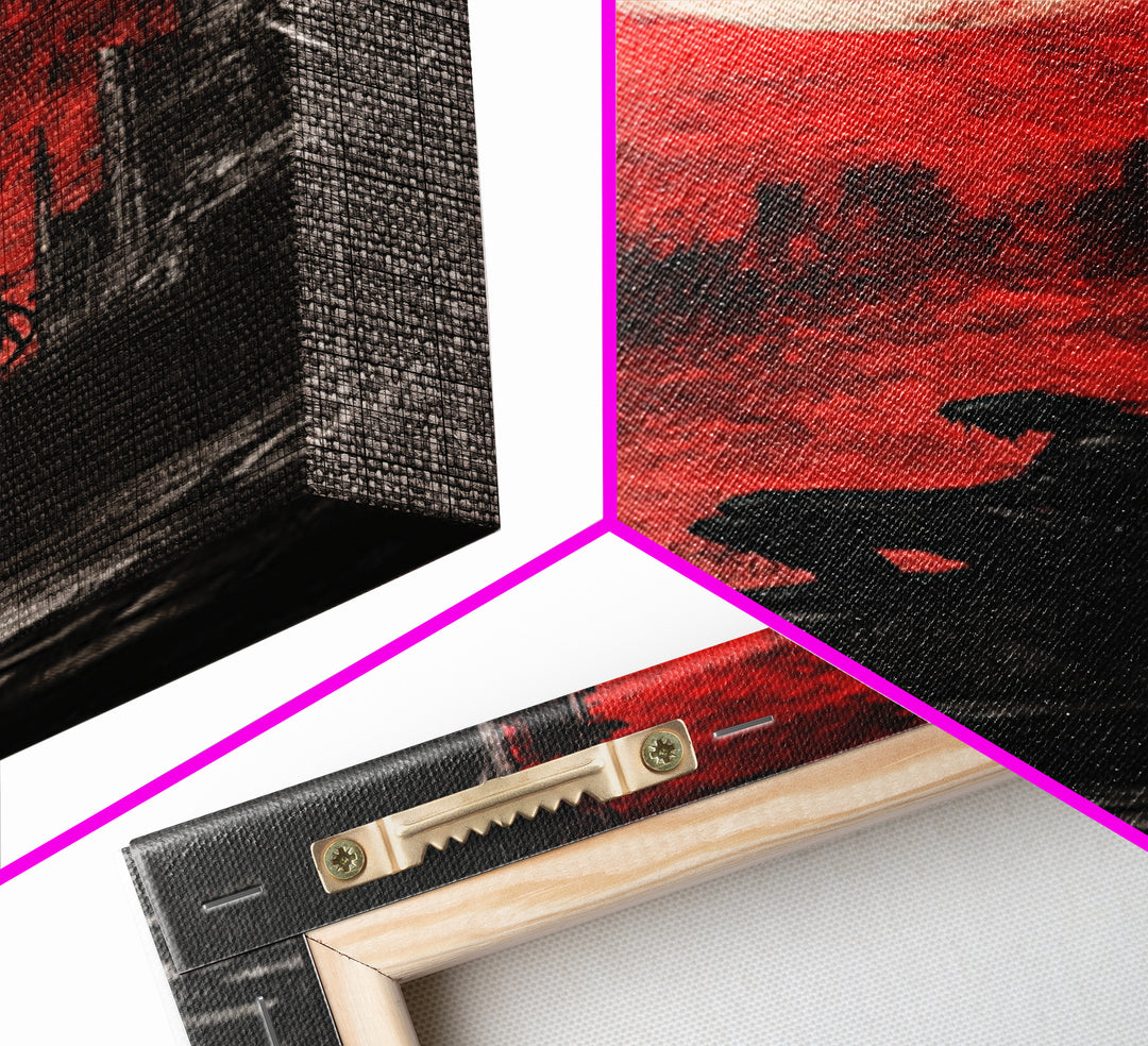 Solitary Figure Under Blood Moon Wall Art, Red Gothic Fantasy Canvas Print, Dark Academia Poster For Bedroom Decor Gift