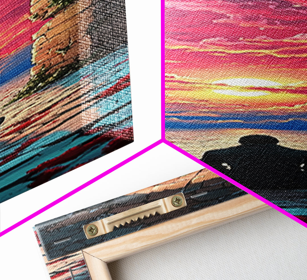 Seated Wanderer In Stone Arch Sunset Wall Art, Vibrant Fantasy Portal Canvas Print, Meditation Room Home Decor Gift For Her