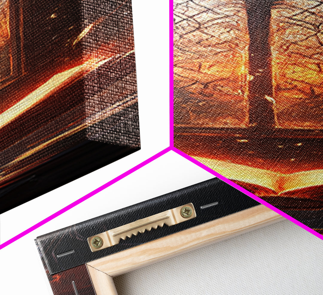 Glowing Book Before Cathedral Window Wall Art, Gothic Library Fantasy Canvas Print, Dark Academia Reading Room Decor Gift