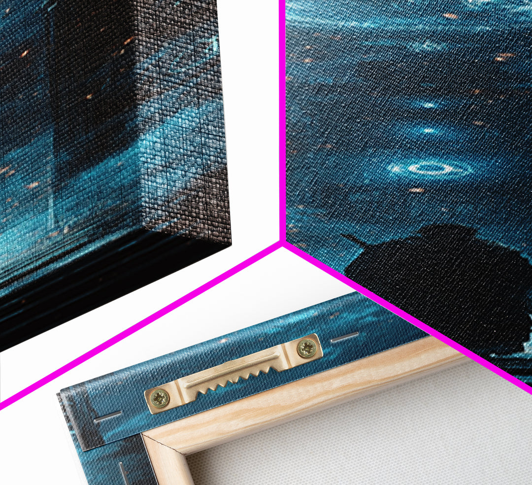 Lone Figure Before Glowing Cosmic Portal Canvas Print, Sci Fi Wall Art, Cyberpunk Decor, Futuristic Space Art For Gaming Room