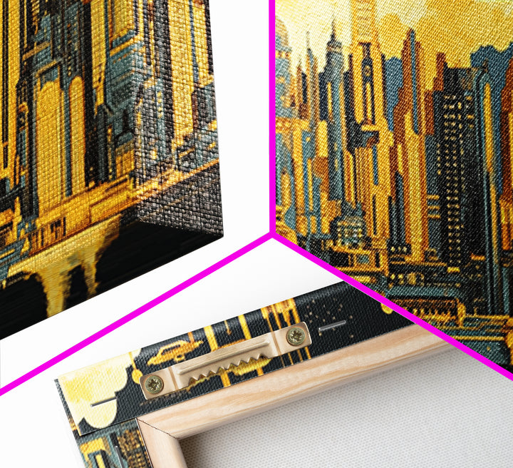 Golden Futuristic Skyline With Airships Canvas Print, Sci Fi Cityscape Wall Art, Modern Office Decor, Large Statement Artwork