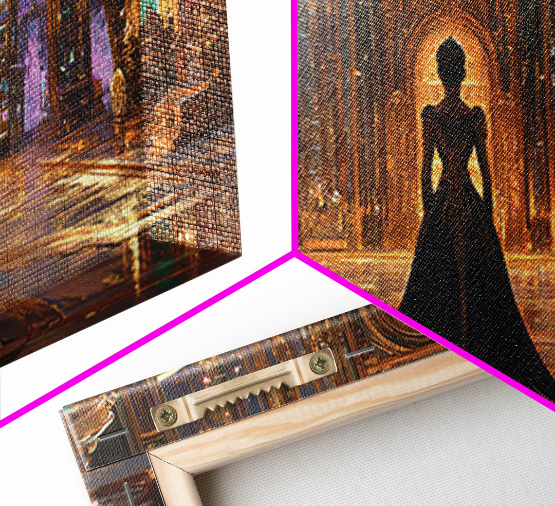 Gothic Woman In Ornate Crystal Hall Canvas Print, Dark Fantasy Wall Art, Moody Gothic Decor, Elegant Statement Artwork Gift