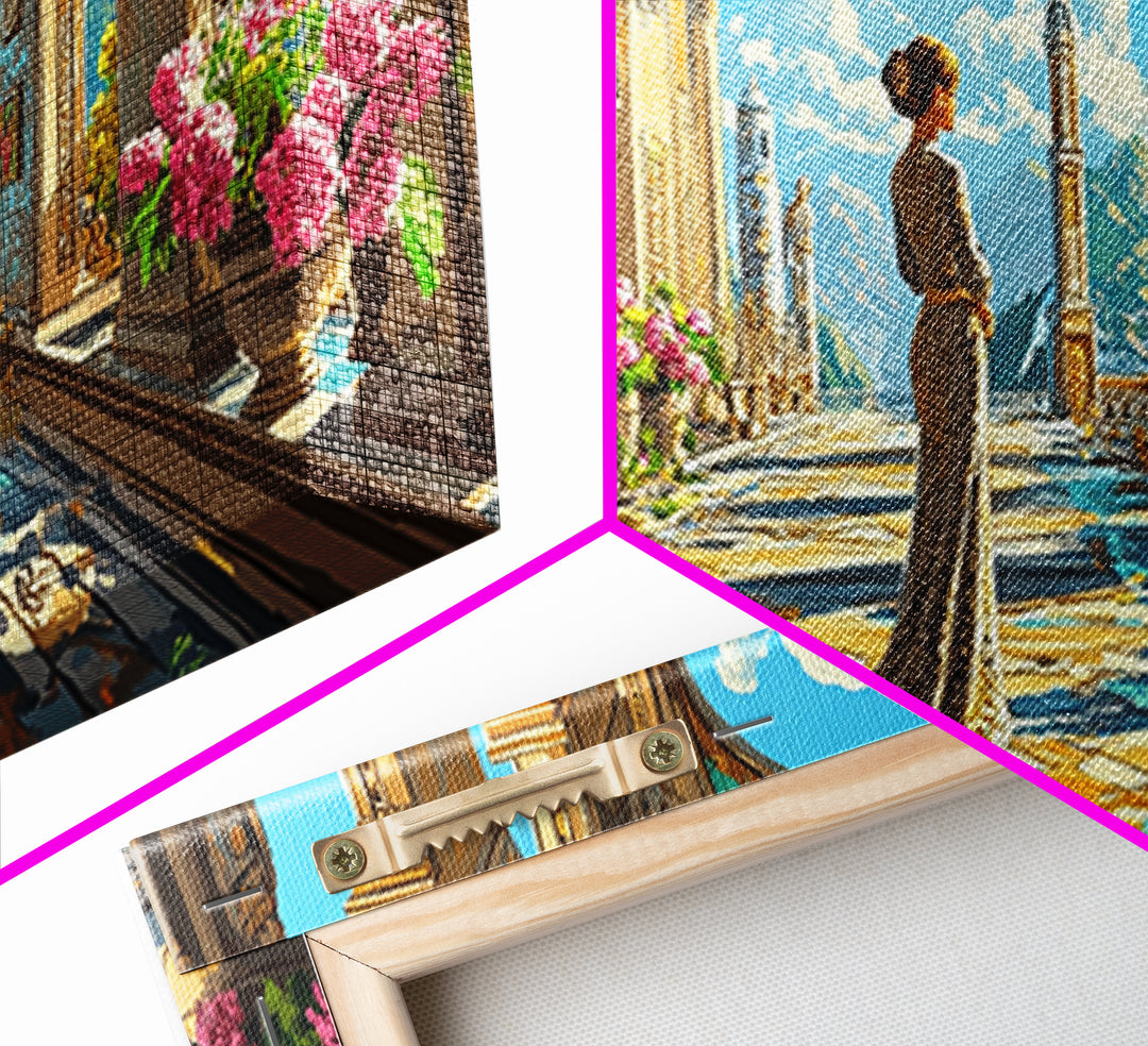Elegant Woman In Sunlit Palace Corridor Canvas Print, Mediterranean Wall Art, Floral Decor, European Living Room Artwork Gift