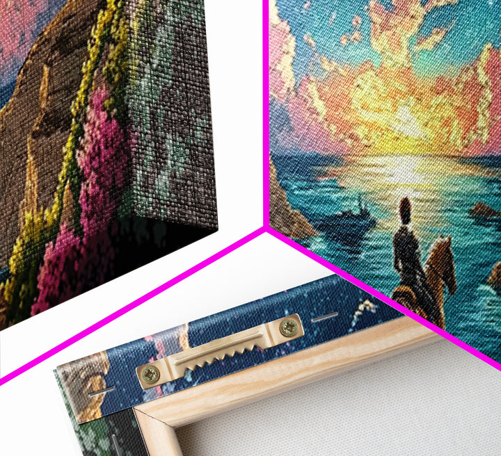 Moonlit Coastal Canyon Horse Ride Canvas Print, Fantasy Landscape Wall Art, Romantic Beach House Decor, Whimsical Gift For Her
