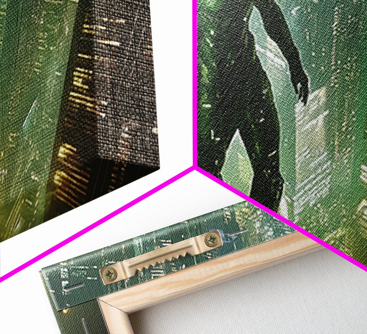 Green Cyber Warrior On Futuristic Rooftop Canvas Print, Modern Cyberpunk Wall Art, Sci Fi Gaming Room Decor, Gift For Him