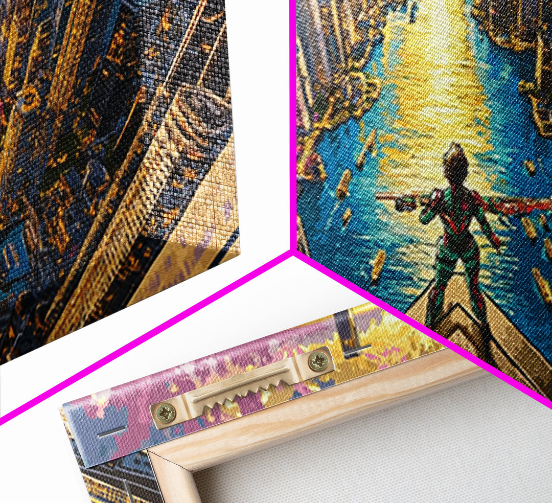 Daring Hero Above Golden Future City Framed Canvas Print, Cyberpunk Wall Art, Anime Sci Fi Decor, Large Statement Artwork