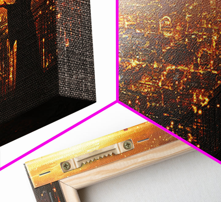 Robed Figure Holding Glowing Orb Over Dystopian City Canvas Print, Futuristic Wall Art, Golden Sci Fi Office Decor, Gift For Him