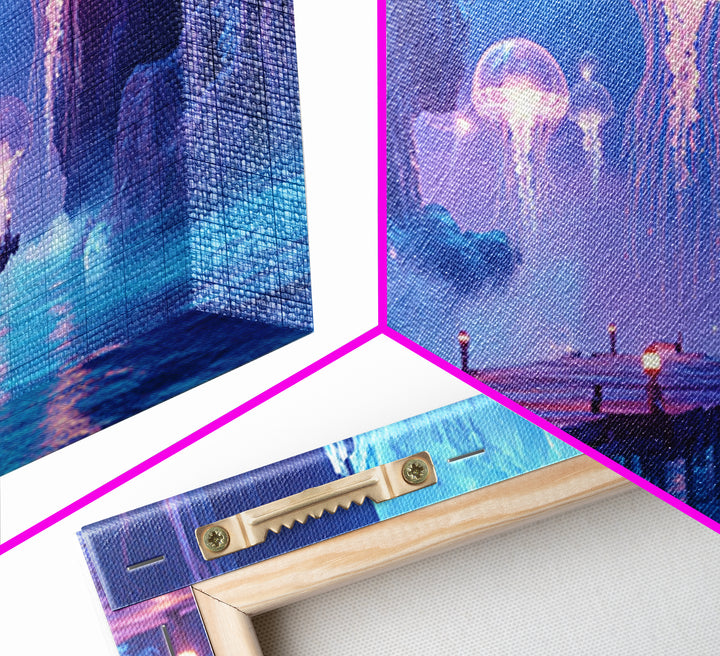 Glowing Jellyfish Cavern With Dock Canvas Print, Blue Bioluminescent Ocean Wall Art, Fantasy Coastal Home Decor, Unique Gift