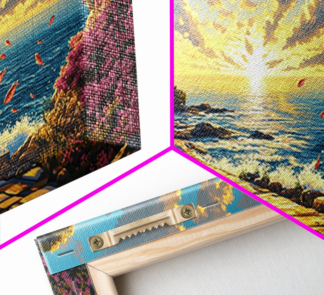 Sunlit Lighthouse Path At Golden Ocean Sunset Wall Art, Coastal Canvas Wall Art, Beach House Decor, Seascape Print, Living Room Decor