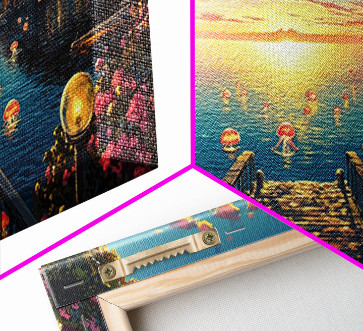 Glowing Jellyfish Cove At Sunset Canvas Print, Whimsical Coastal Wall Art, Ocean Decor, Beach House Living Room Decor, Fantasy Art