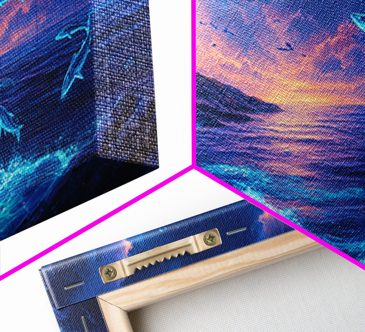 Bioluminescent Whale Ocean Lighthouse Wall Art, Fantasy Seascape Print, Coastal Wall Decor, Moody Blue Living Room Wall Art