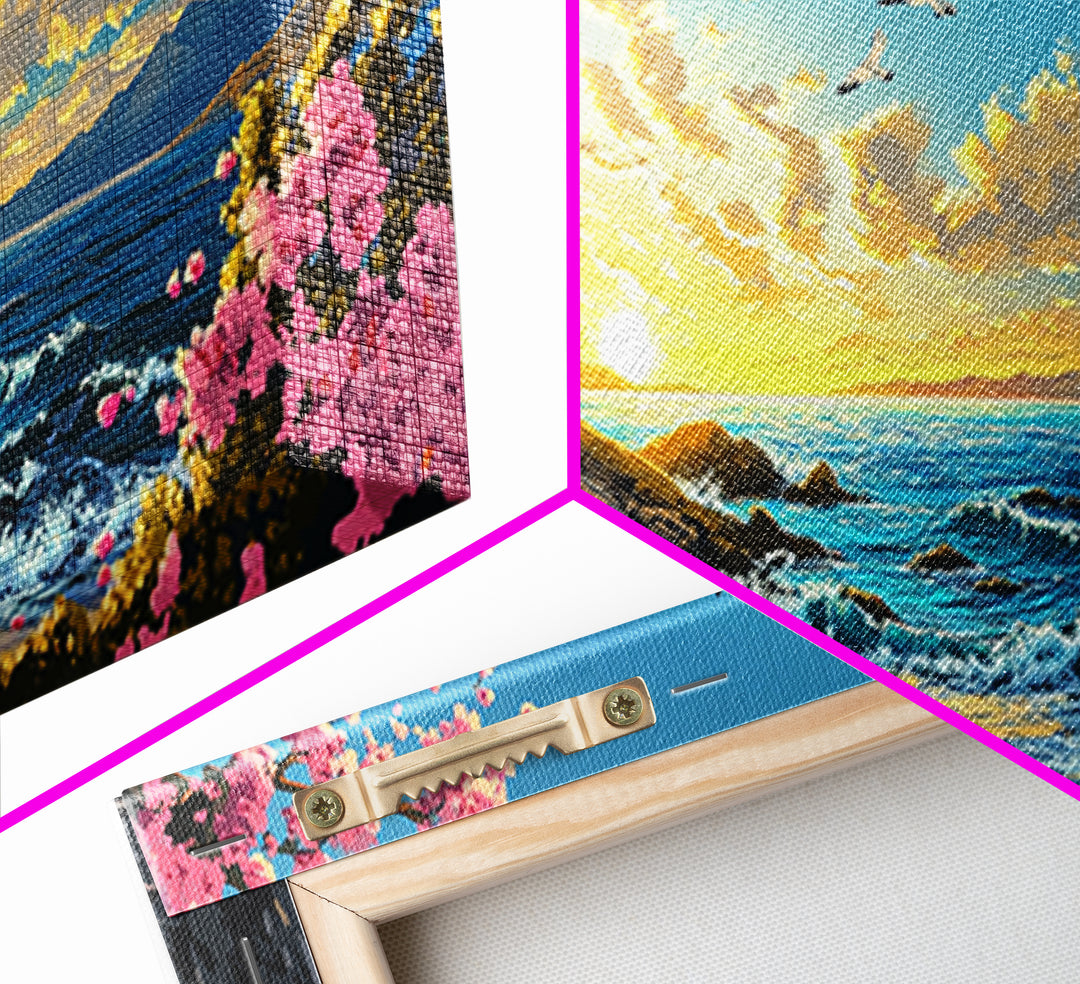 Twin Lighthouses With Cherry Blossoms At Sunrise Canvas Print, Coastal Wall Art, Beach House Decor, Nautical Living Room Art