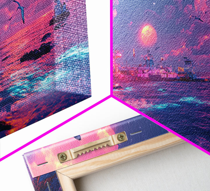 Neon Pink Coastal City At Moonlit Sunset Canvas Print, Vaporwave Wall Art, Futuristic Beach Decor, Gaming Room Poster Print