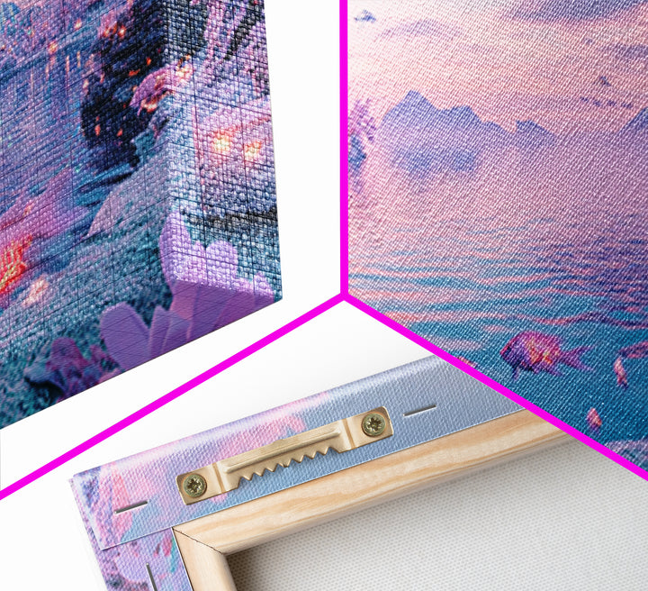 Pastel Alien Crystal Shore With Glowing Wildlife Wall Art, Fantasy Landscape Print, Sci Fi Decor, Dreamy Nursery Wall Art