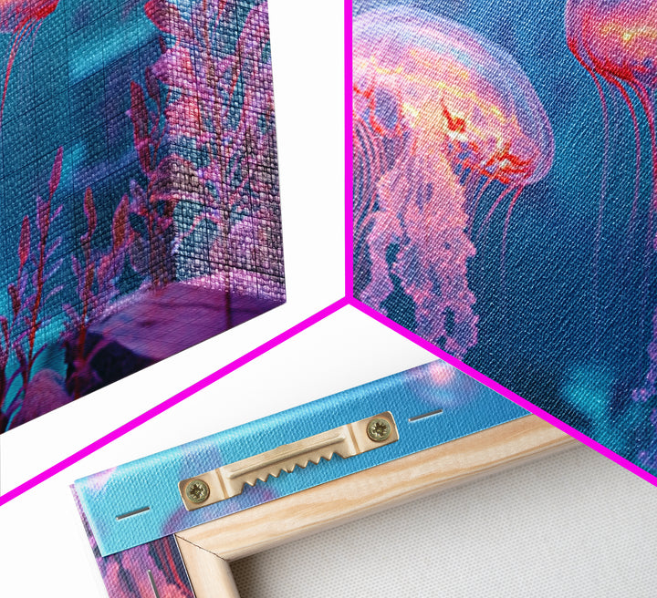 Glowing Jellyfish Garden Under Turquoise Sea Canvas Print, Underwater Wall Art, Ocean Decor, Marine Life Nursery Art Print