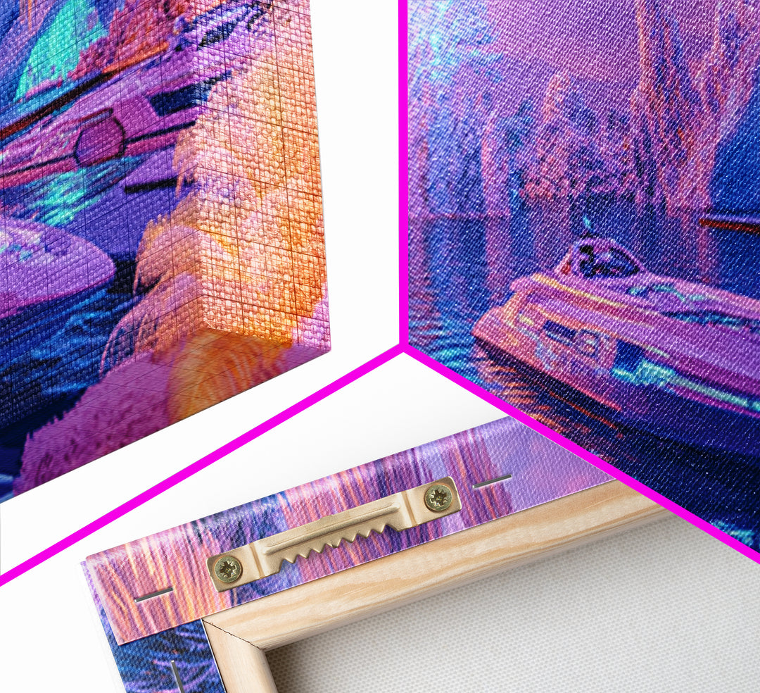 Neon Tropical Lagoon Canvas Print, Futuristic Palm Boat Wall Art, Dopamine Decor, Gaming Room Decor, Vibrant Coastal Art