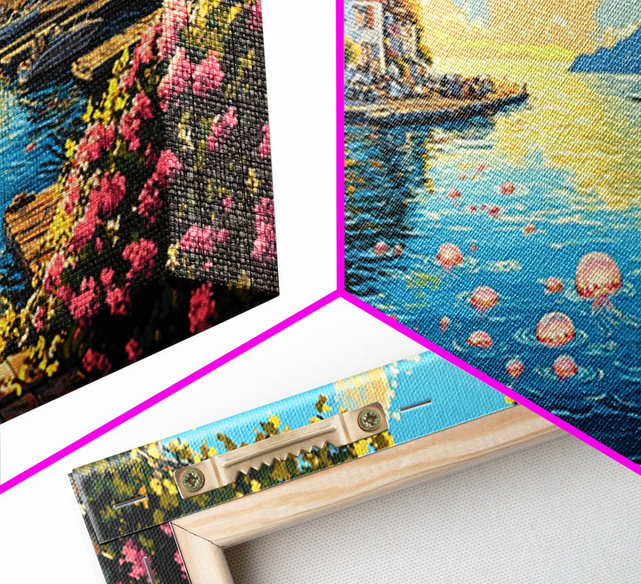 Mediterranean Flower Harbor Wall Art, Sunny Coastal Village Canvas Print, Lake Como Decor, Living Room Wall Art Gift For Her