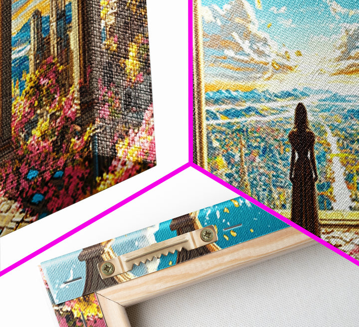 Arched Terrace Fantasy City Wall Art, Woman Over Sunlit Kingdom Framed Canvas Print, Maximalist Decor, Statement Artwork