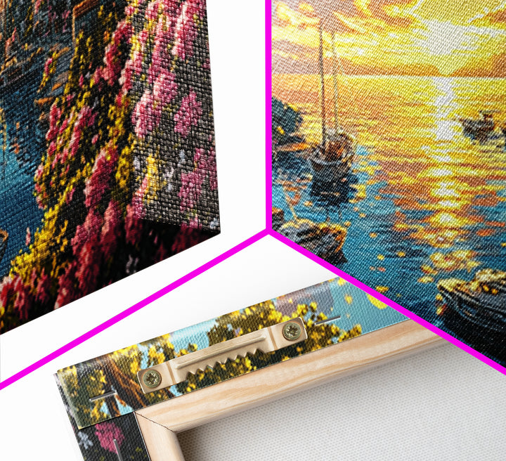 Golden Amalfi Harbor Sunset Wall Art, Coastal Village Seascape Canvas Print, Mediterranean Decor, Above Sofa Wall Art Gift