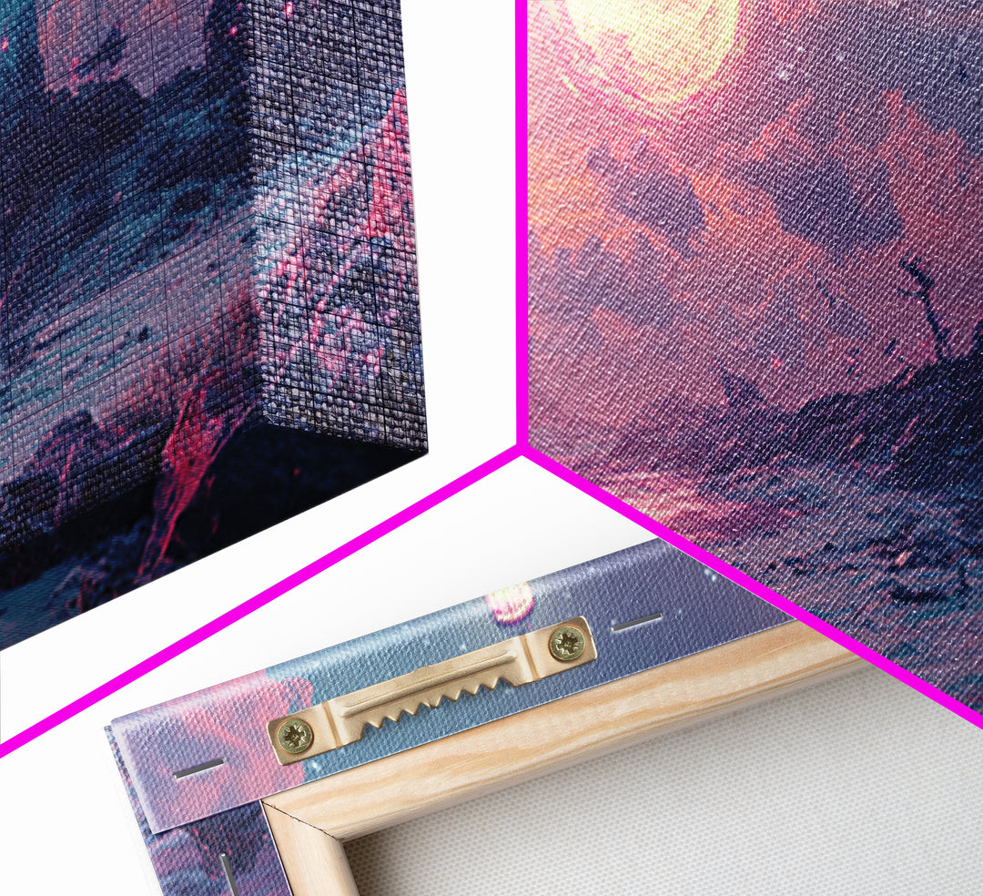 Pink Moon Lighthouse Seascape Wall Art, Fantasy Coastal Canvas Print, Moody Ocean Decor, Celestial Wall Art For Bedroom Decor