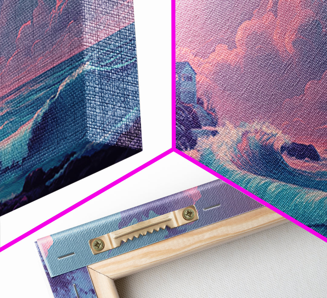 Pastel Moon Lighthouse Wave Wall Art, Dreamy Coastal Seascape Canvas Print, Beach House Decor, Pink Ocean Wall Art Gift For Her