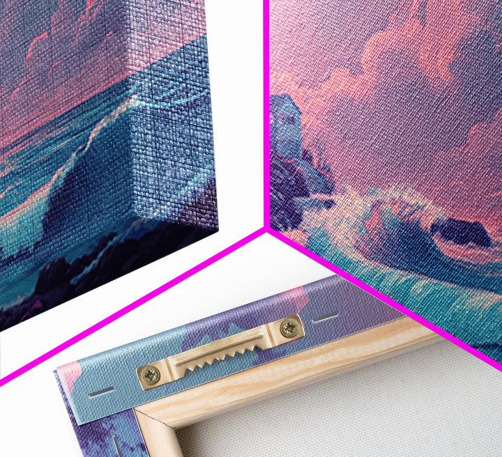 Pastel Moon Lighthouse Wave Wall Art, Dreamy Coastal Seascape Canvas Print, Beach House Decor, Pink Ocean Wall Art Gift For Her