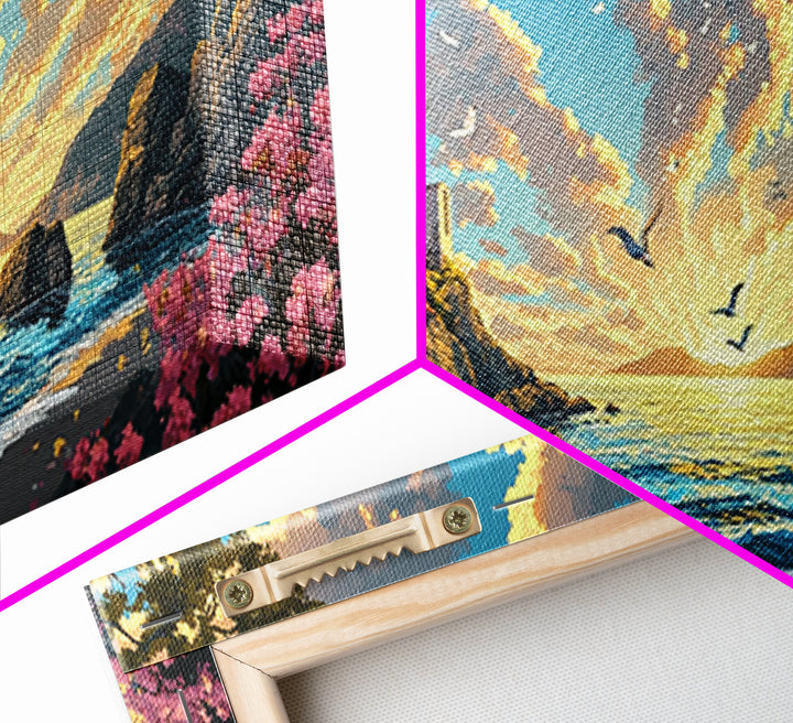 Sunlit Lighthouse Cove With Pink Flowers Canvas Print, Coastal Wall Art, Ocean Seascape, Beach House Decor Gift For Living Room Decor