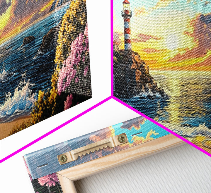 Striped Lighthouse Village At Golden Sunset Framed Canvas Print, Coastal Wall Art, Ocean Painting, Beach House Decor Gift