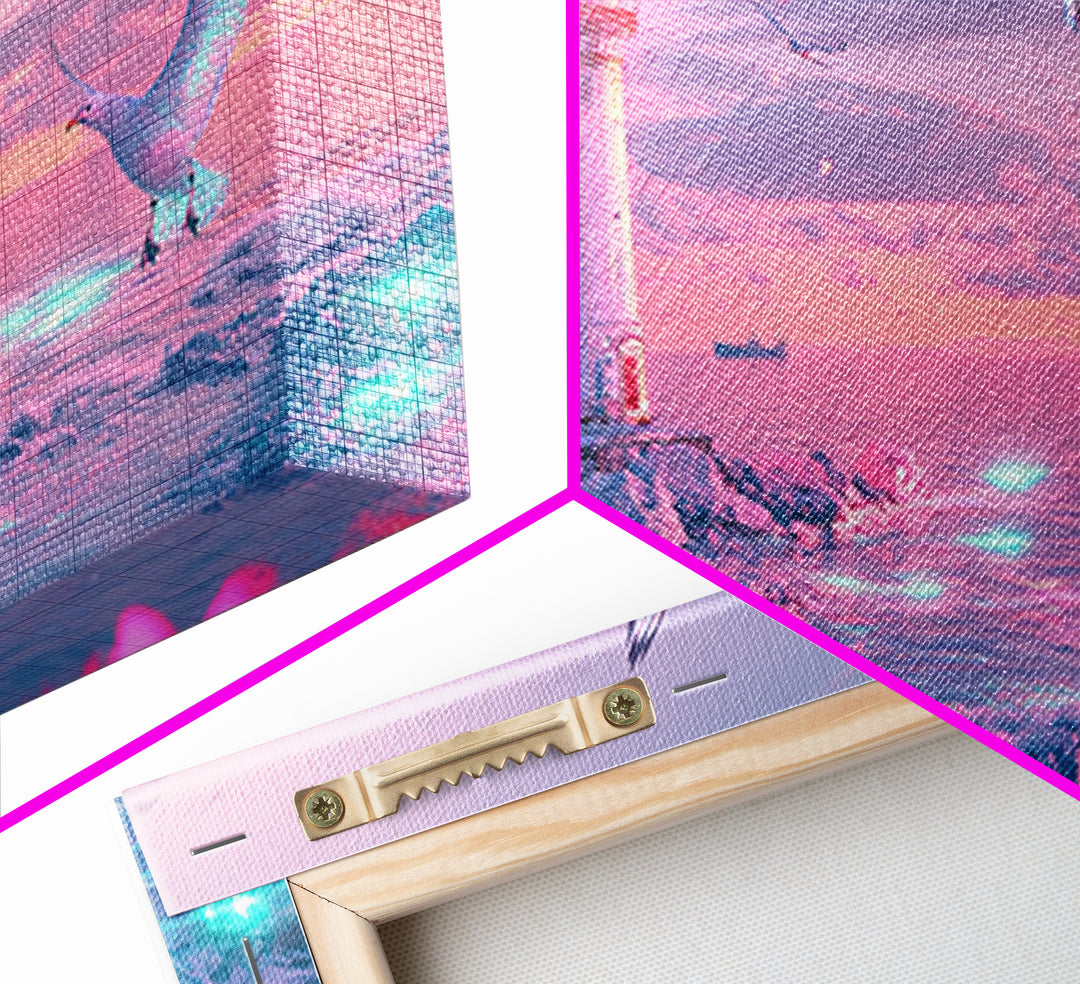Pastel Pink Lighthouse On Glowing Sea Canvas Print, Coastal Wall Art, Dreamy Seascape, Beach Decor For Bedroom Wall Decor