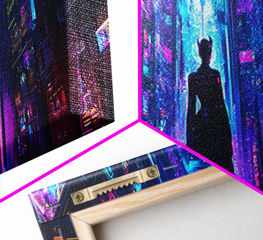 Silhouetted Woman In Neon Cyberpunk City Canvas Print, Futuristic Wall Art, Sci Fi Decor, Gaming Room Statement Art Poster