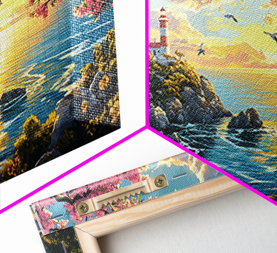 Cherry Blossom Lighthouse Over Golden Sea Framed Canvas Print, Coastal Wall Art, Spring Decor, Ocean Landscape Art Gift Idea